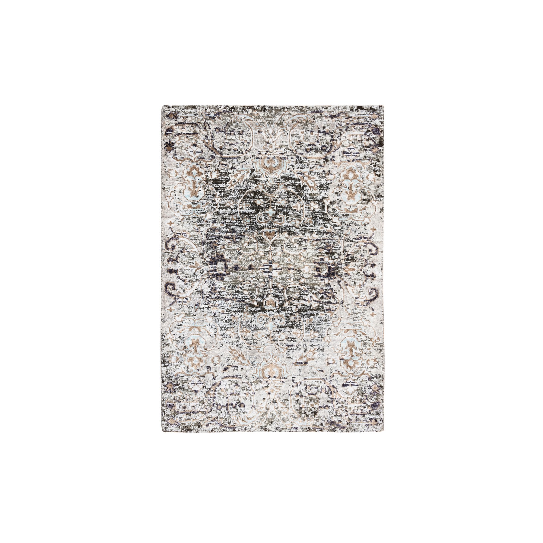 2'1"x3' Shades of Brown, Hand Knotted Transitional Persian Influence Erased Medallion Design, Silk with Textured Wool, Mat Oriental Rug 